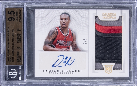 2012-13 Panini National Treasures Gold #201 Damian Lillard Signed Patch Rookie Card (#2/5) - BGS GEM MINT 9.5/BGS 10